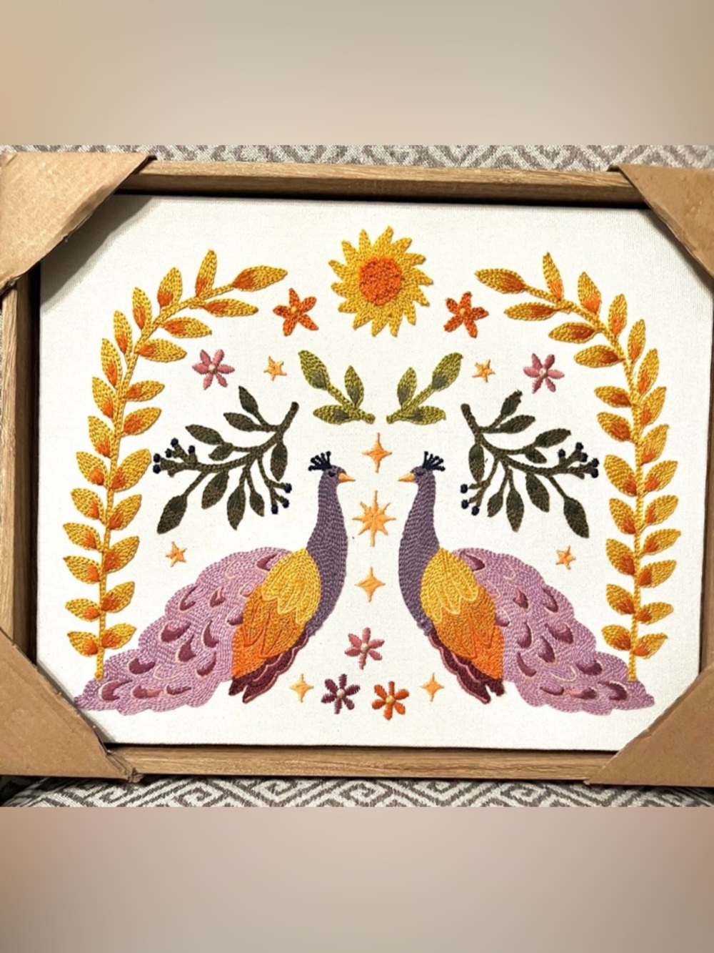 NEW BP Home Textile Woven Embroidered Double Peacock Wall Art. 12" x 15" .